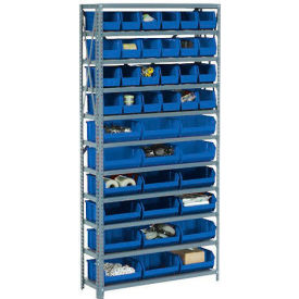 GoVets™ Steel Open Shelving with 28 Blue Plastic Stacking Bins 10 Shelves - 36x18x73 256BL603