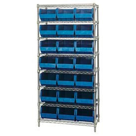 GoVets™ Chrome Wire Shelving With 21 Giant Plastic Stacking Bins Blue 36x18x74 930BL268