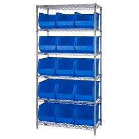 GoVets™ Chrome Wire Shelving With 15 Giant Plastic Stacking Bins Blue 36x18x74 931BL268