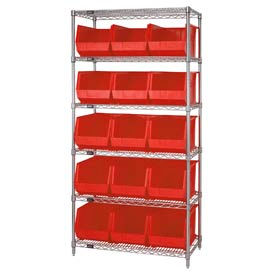 GoVets™ Chrome Wire Shelving With 15 Giant Plastic Stacking Bins Red 36x18x74 931RD268