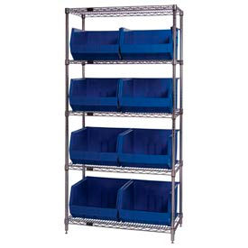 GoVets™ Chrome Wire Shelving With 8 Giant Plastic Stacking Bins Blue 36x18x74 933BL268