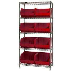 GoVets™ Chrome Wire Shelving With 8 Giant Plastic Stacking Bins Red 36x18x74 933RD268