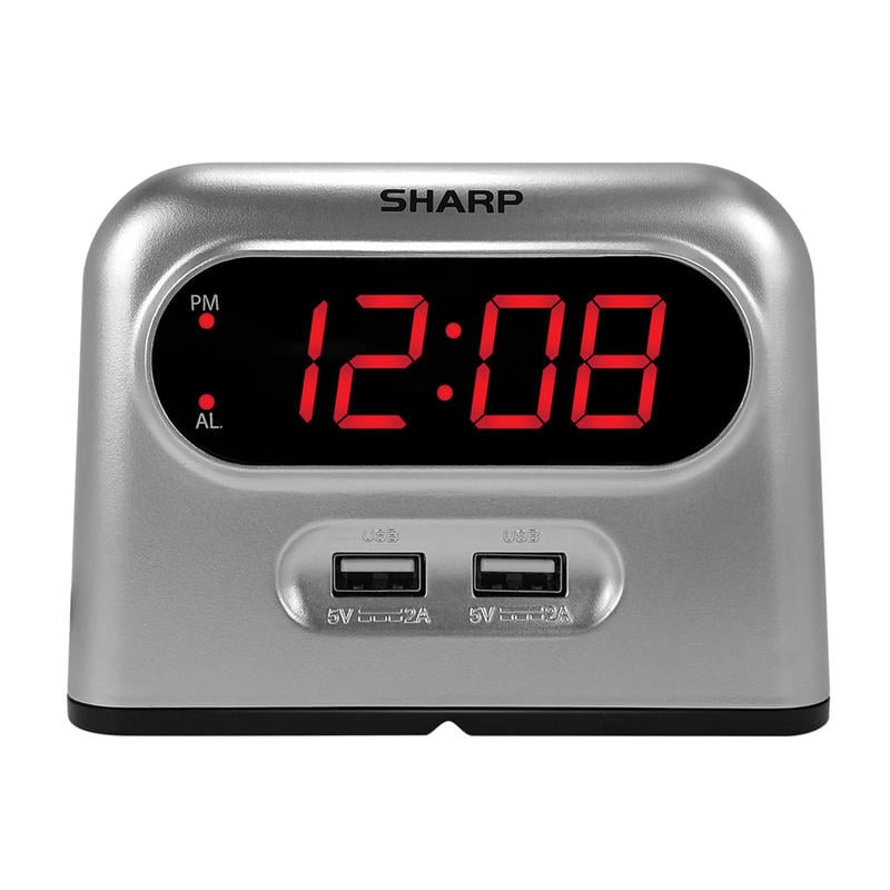 Sharp Digital Alarm Clock With USB Charging, 3-7/16inH x 4-11/16inW x 2-1/4inD, Silver (Min Order Qty 4) MPN:SPC189