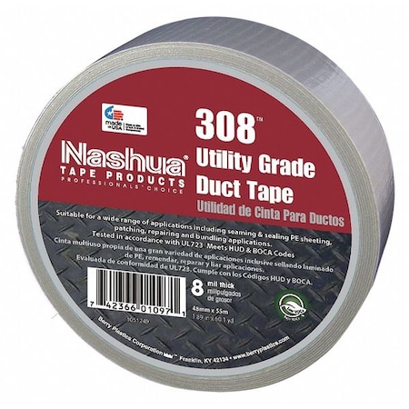 Duct Tape, Silver, 60 yd L, 1-7/8 in W MPN:308
