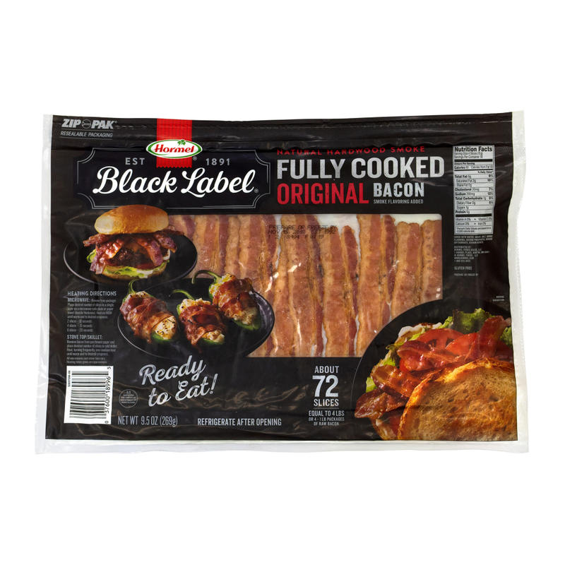 Hormel Black Label Fully Cooked Bacon, 9.5 Oz, Pack Of 72 Pieces MPN:189965