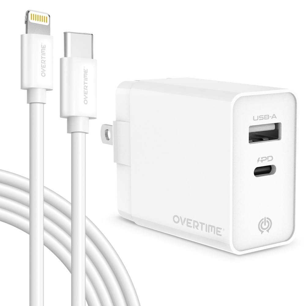 Overtime Dual-Port Wall Charger And 6ft Apple MFi Lightning Cable, White MPN:OTH1PD1U6IC