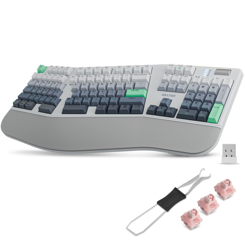 Delton KB450 Wireless Ergonomic Mechanical Keyboard with Wrist Pad, White, Total Qty 1 MPN:DKBE450MWRWH