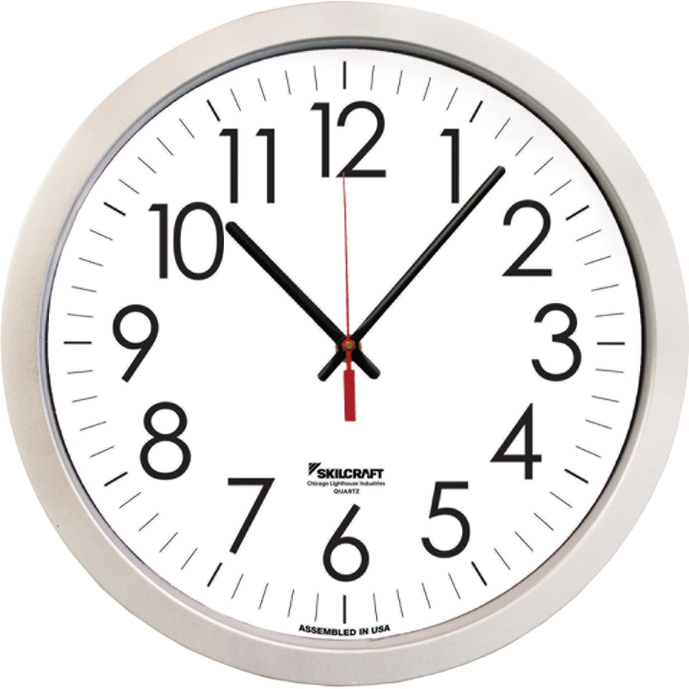 SKILCRAFT Silver Contemporary Wall Clock - Analog - Quartz - Plastic - Contemporary Style - TAA Compliant MPN:6986555