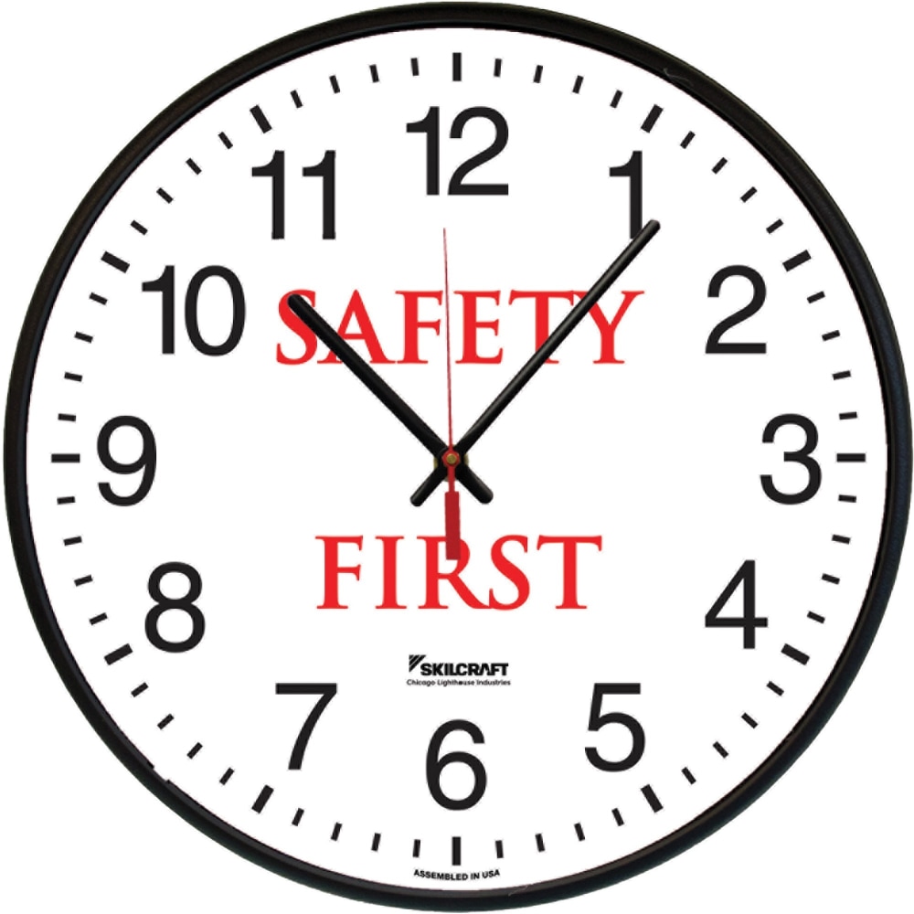 SKILCRAFT Safety First Message Wall Clock - Analog - Quartz - Black Case - Plastic - TAA Compliant MPN:6986556