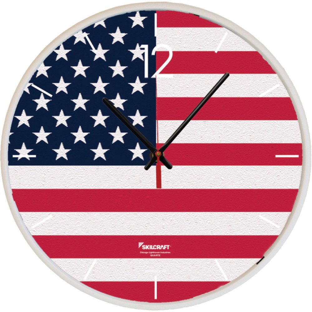 SKILCRAFT American Flag Wall Clock - Analog - Quartz - White Main Dial - Plastic - TAA Compliant MPN:6986559
