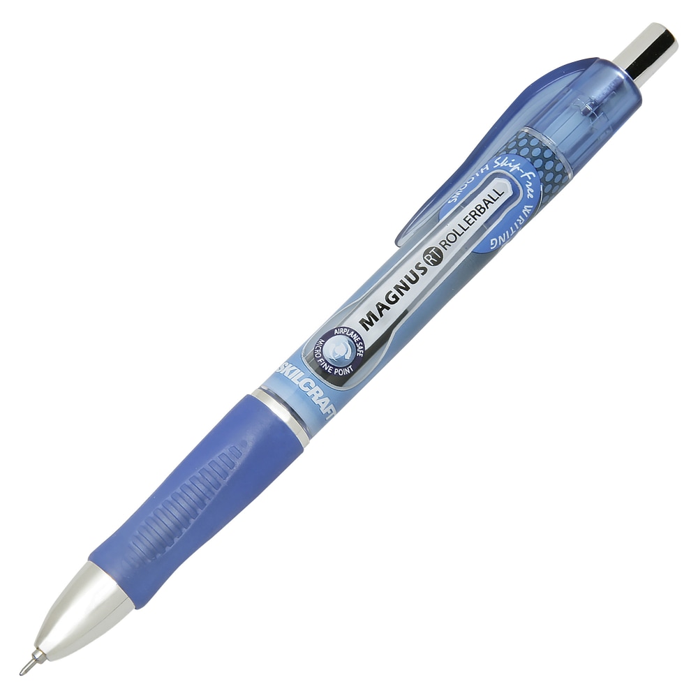 SKILCRAFT Magnus Retractable Rollerball Pens, Needle Point, 0.7 mm, Blue Barrel, Blue Ink, Pack Of 12 MPN:6539299