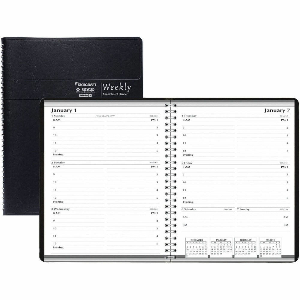 SKILCRAFT Weekly Planner 12-Month w/Cover, Jan-Dec 2026, 5in x 8, Black, 6935592 MPN:6935592