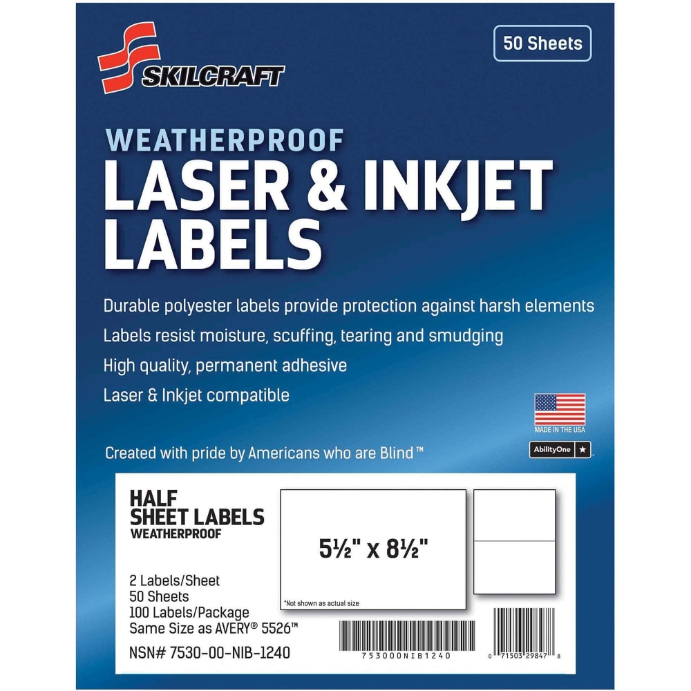 SKILCRAFT Weatherproof Mailing Labels - 5 1/2inx 8 1/2in - Permanent Adhesive - Rectangle - Laser, Inkjet - 6736219 MPN:6736219