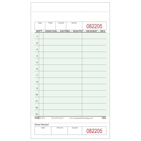 Guest Check Cardboard 1Pt, 13 Line, PK2500 MPN:G4774SP