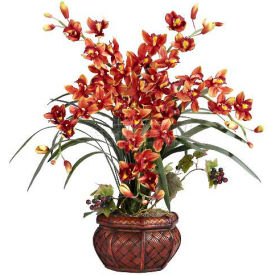 Nearly Natural Cymbidium with Decorative Vase Silk Arrangement Burgundy 1245-BR