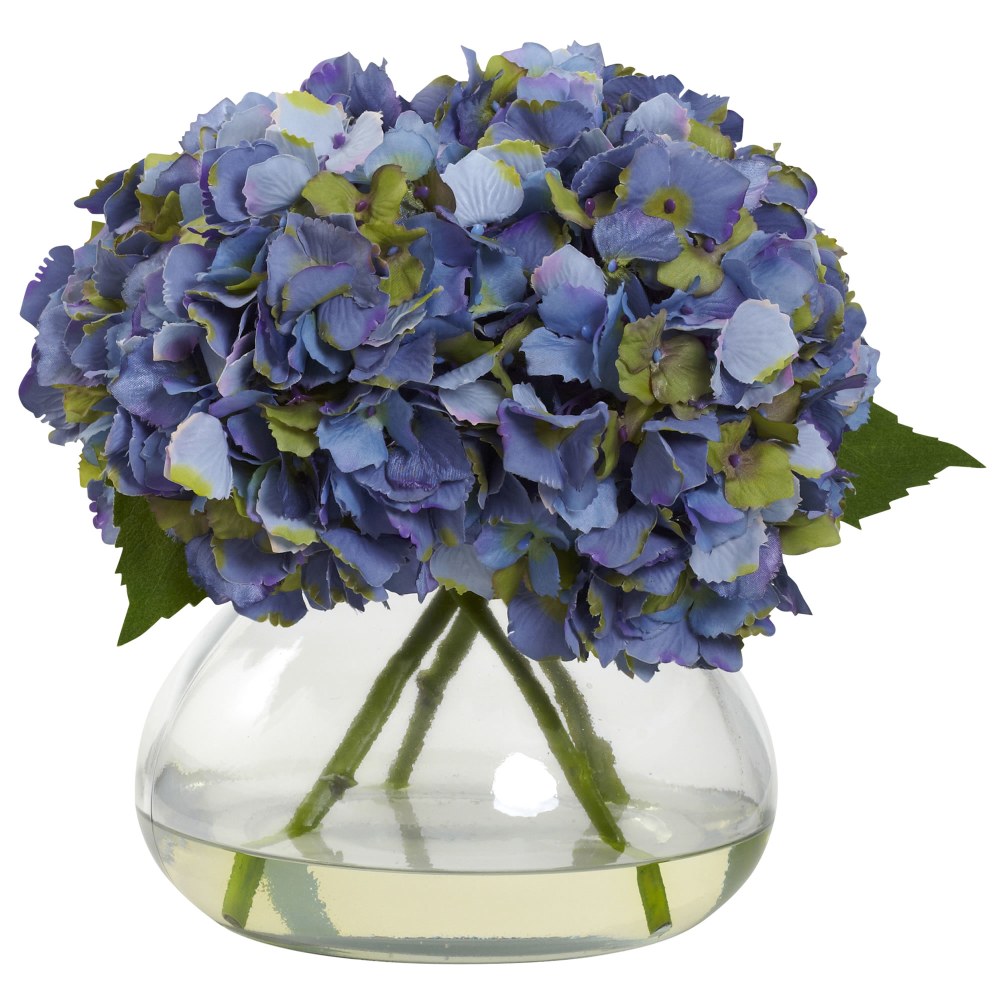 Nearly Natural Blooming Hydrangea 9inH Large Plastic Floral Arrangement With Vase, 9inH x 10inW x 8inD, Blue MPN:1357-BL