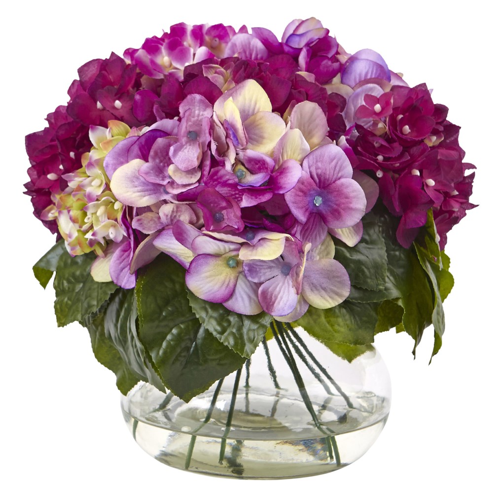 Nearly Natural Hydrangea 11inH Plastic Floral Arrangement With Round Glass Vase, 11inH x 12inW x 12inD, Multi-Tone Beauty MPN:1364-BU