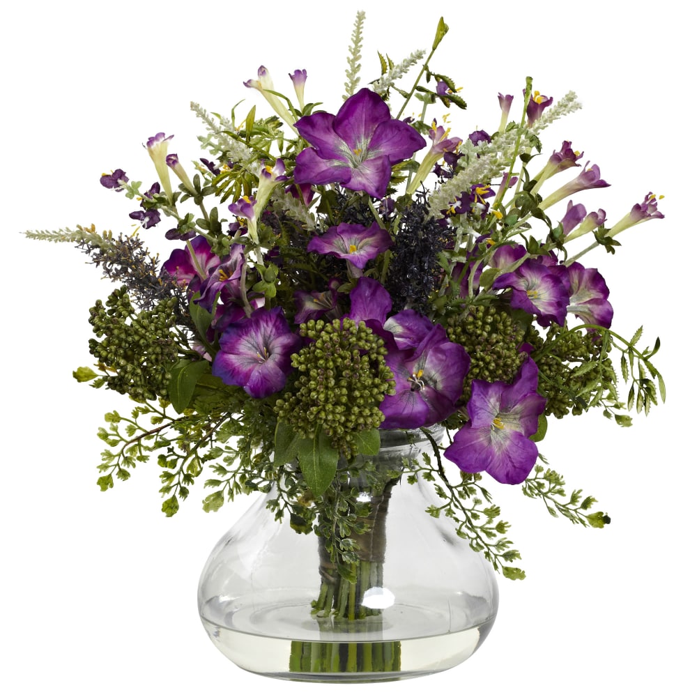 Nearly Natural Mixed Morning Glory 14-1/2inH Plastic Large Floral Arrangement With Vase, 14-1/2inH x 14inW x 11inD, Purple/Green MPN:1375