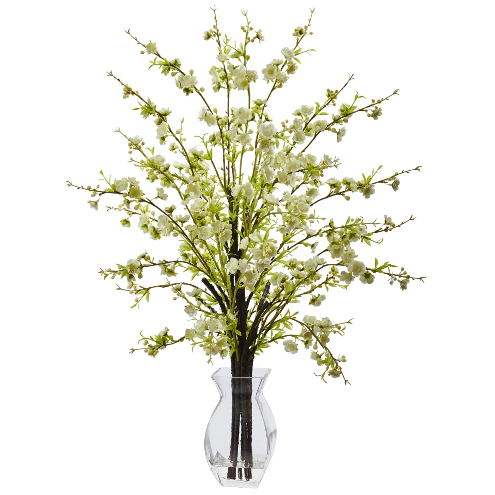 Nearly Natural Cherry Blossom 26inH Artificial Floral Arrangement With Glass Vase, 26inH x 20inW x 15inD, White MPN:1459-WH