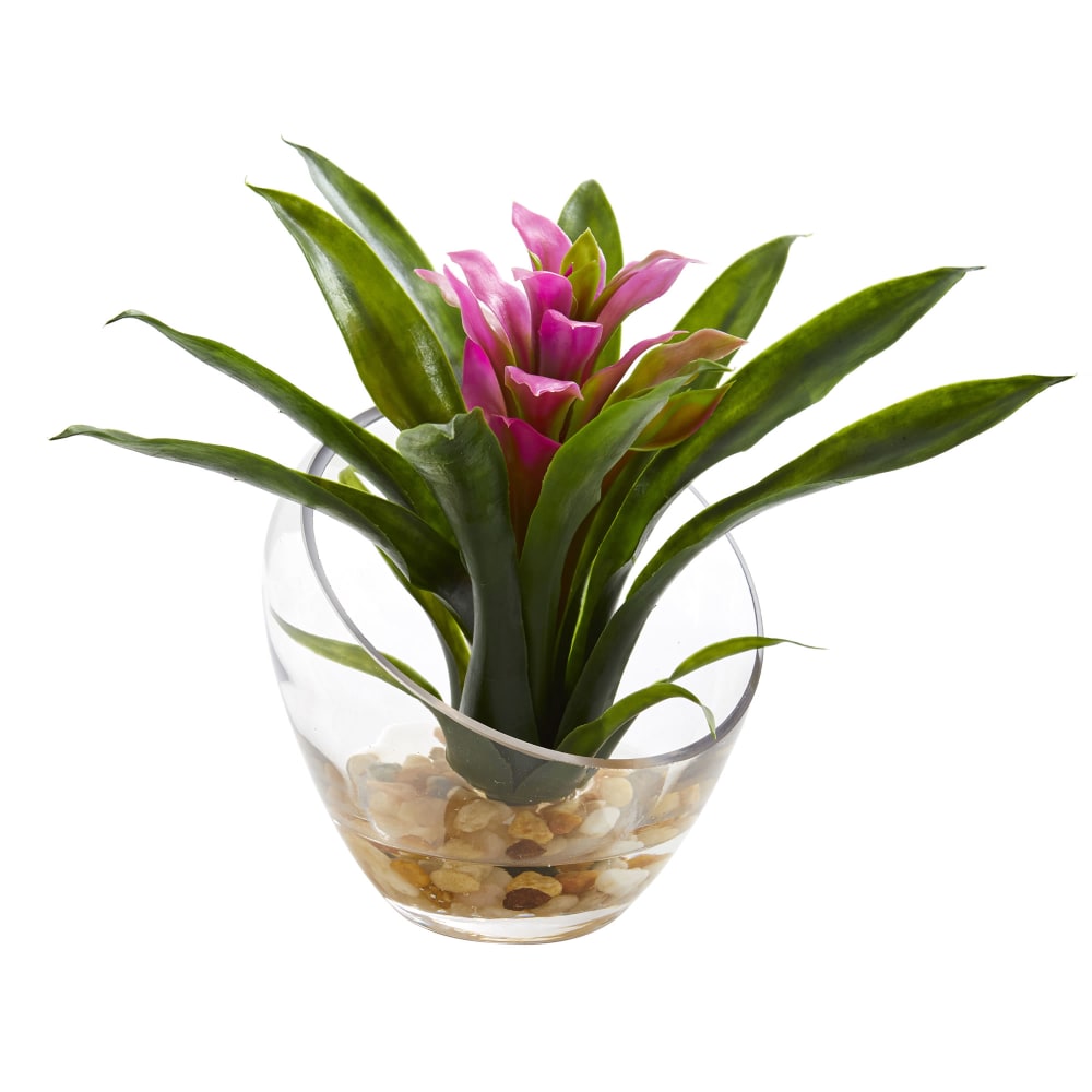 Nearly Natural Tropical Bromeliad 8inH Artificial Floral Arrangement With Angled Vase, 8inH x 6inW x 6inD, Purple MPN:1535-PP