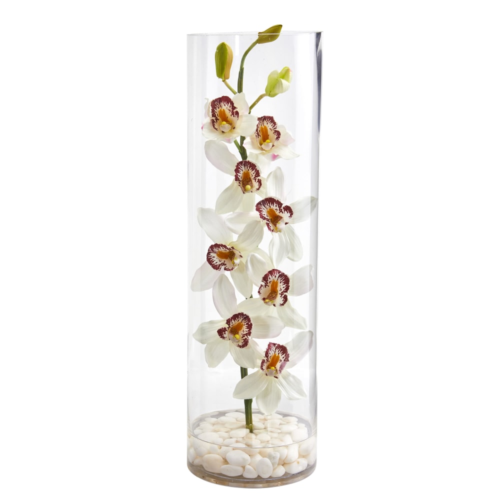 Nearly Natural Cymbidium Orchid 20inH Artificial Floral Arrangement With Tall Cylinder Vase, 20inH x 6inW x 6inD, White MPN:1710-WH
