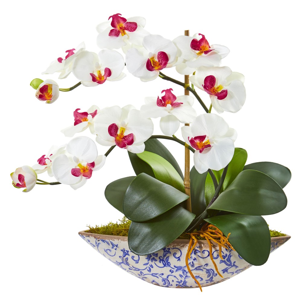Nearly Natural Phalaenopsis Orchid 16inH Artificial Floral Arrangement With Vase, 16inH x 18-1/2inW x 9inD, White MPN:1874-WH