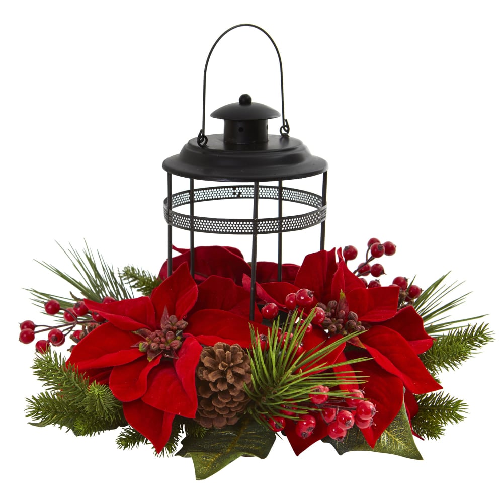 Nearly Natural 13inH Poinsettia Berry Pine Artificial Arrangement Candelabrum, 13inH x 18inW x 18inD, Black/Red MPN:4267