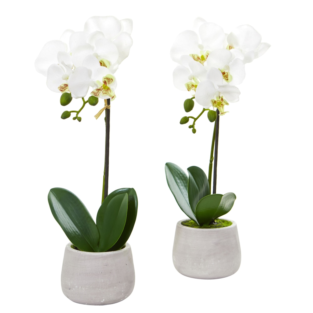 Nearly Natural Phalaenopsis Orchid 15inH Artificial Floral Arrangements With Planter, 15inH x 4-1/2inW x 4-1/2inD, White, Set Of 2 MPN:4297-S2