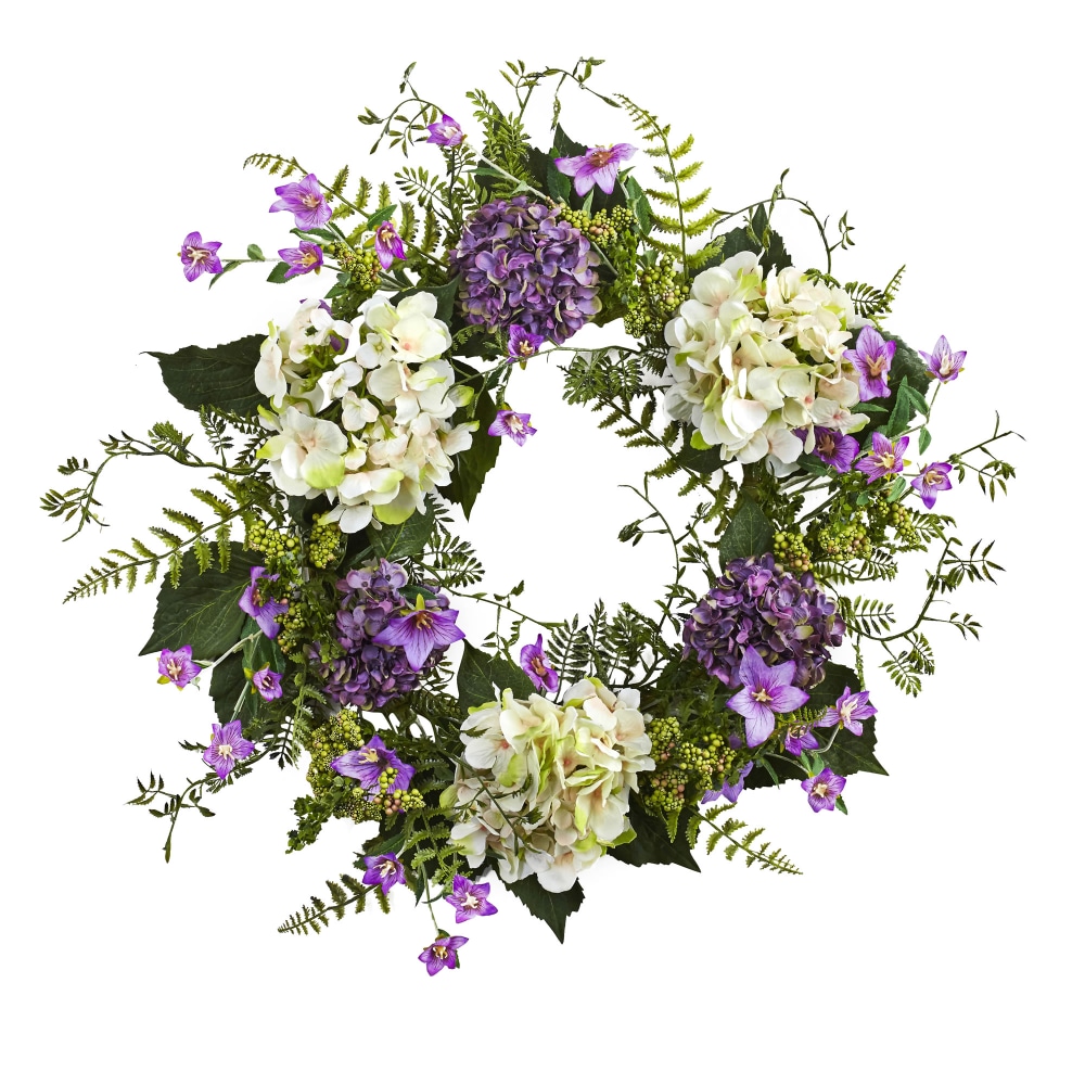 Nearly Natural Hydrangea Berry 24inH Plastic Wreath, 24inH x 24inW x 3inD, Purple MPN:4531