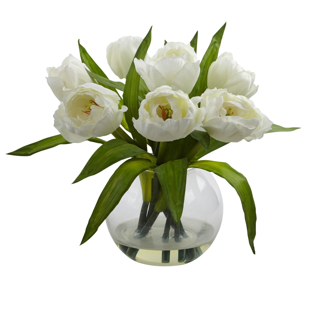 Nearly Natural Tulips 11inH Artificial Floral Arrangement With Vase, 11inH x 11-1/2inW x 10inD, White MPN:4535-WH