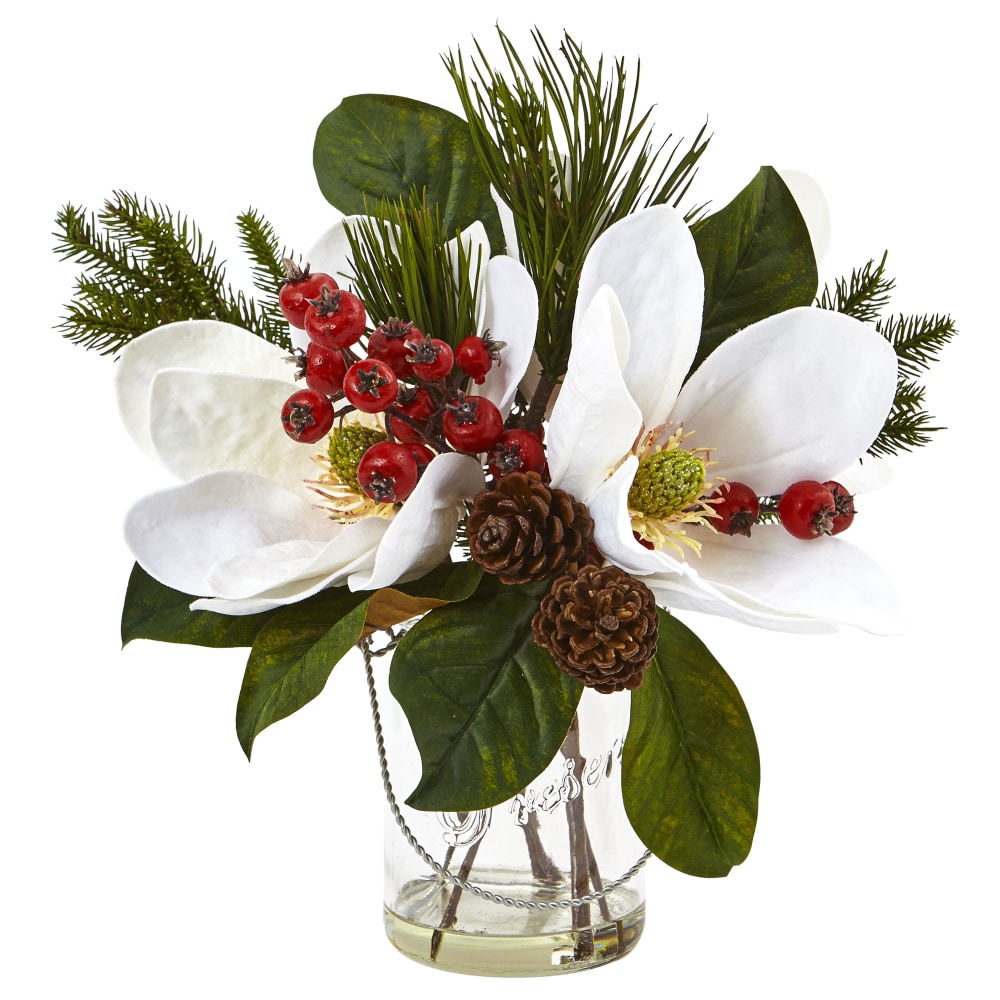 Nearly Natural 12inH Magnolia, Pine And Berry Holiday Arrangement In Glass Vase, 12inH x 13inW x 11inD, Clear/White MPN:4548