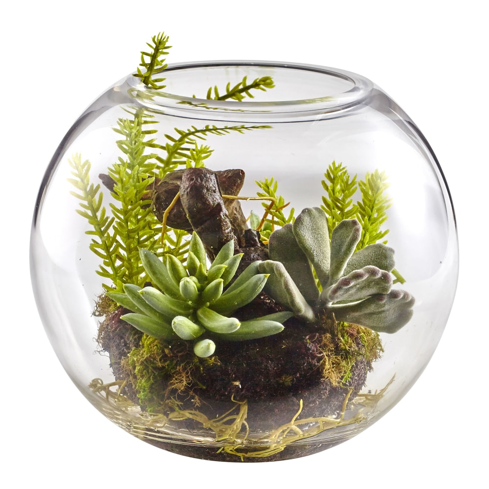 Nearly Natural Mixed Succulents 6-1/2inH Plastic Garden With Glass Vase, 6-1/2inH x 8inW x 8inD, Green MPN:4564