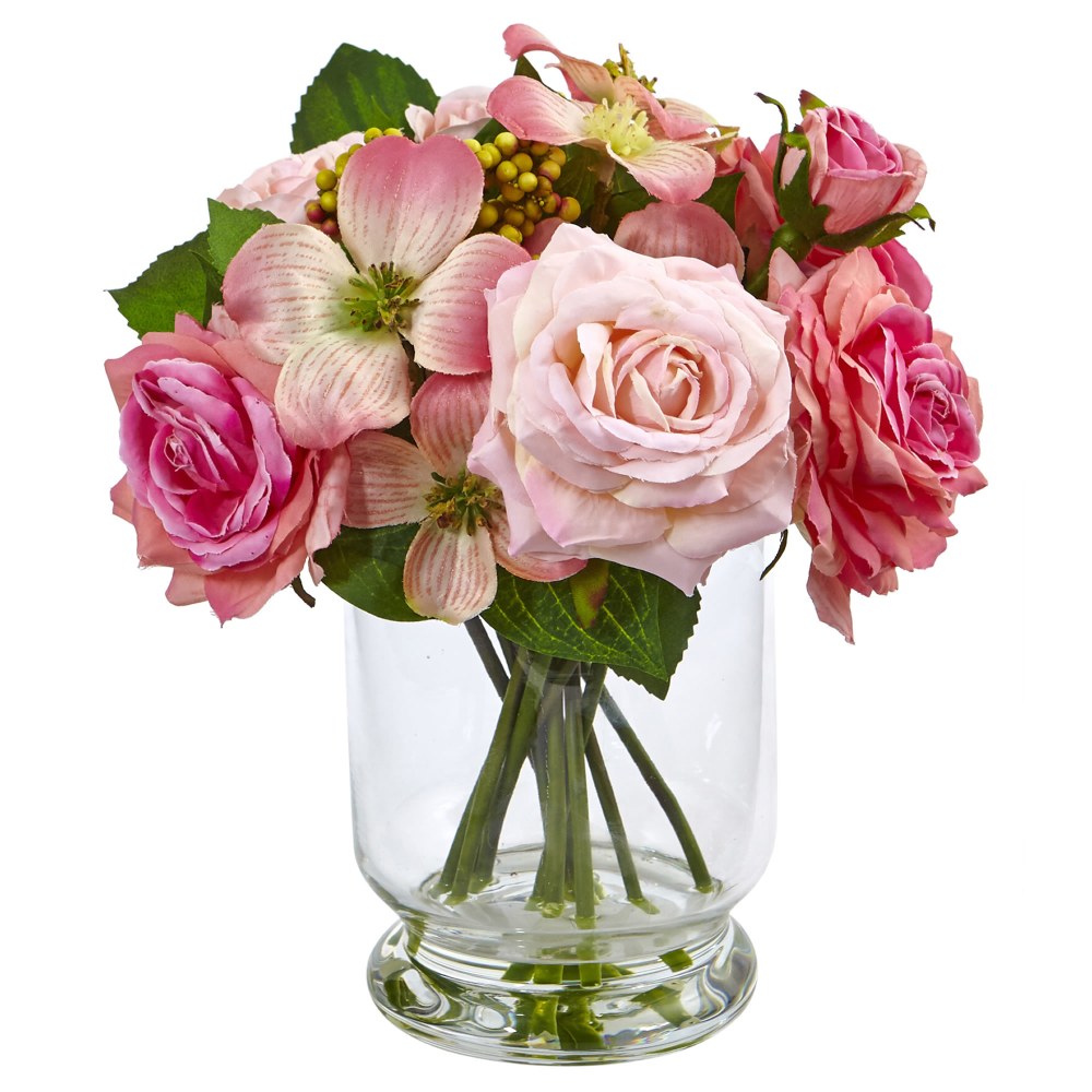 Nearly Natural Rose And Berry 10inH Plastic Floral Arrangement With Vase, 10inH x 9inW x 9inD, Pink MPN:4573