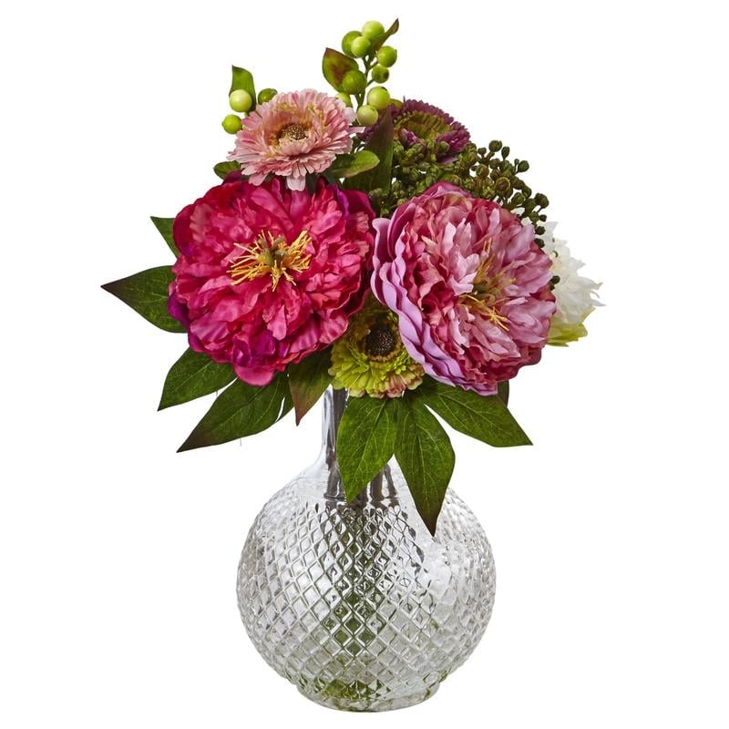Nearly Natural 14inH Plastic Peony And Mum Arrangement With Glass Vase, Pink MPN:4584