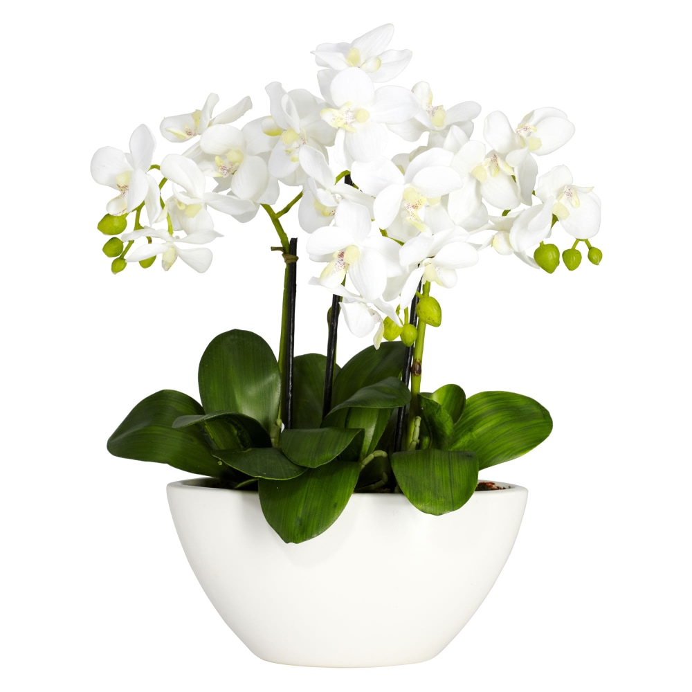 Nearly Natural 16inH Silk Triple Mini Phalaenopsis Flower Arrangement With Bowl Planter, White MPN:4804