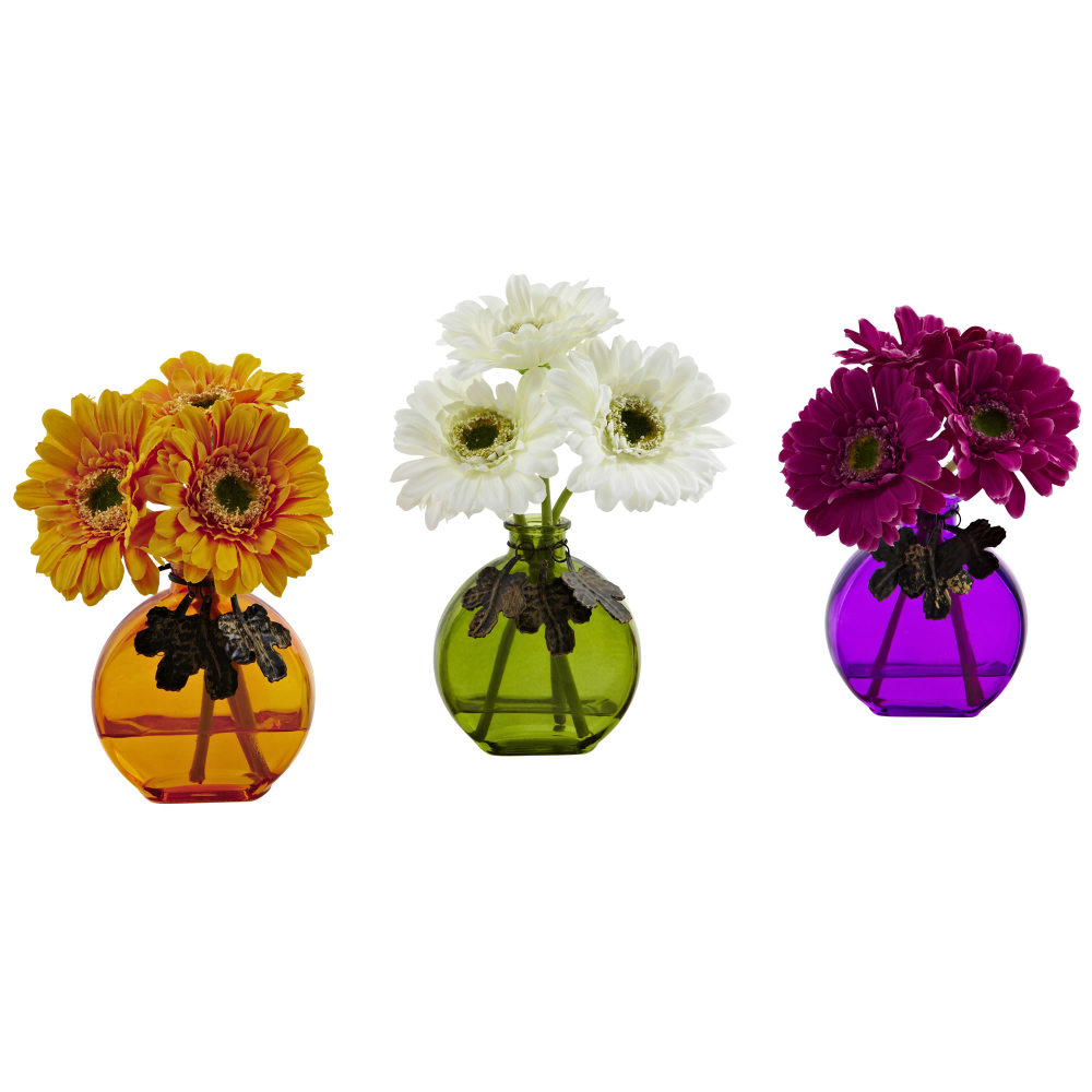 Nearly Natural Gerbera Daisy 9inH Artificial Floral Arrangements With Colored Vases, 9inH x 5-1/2inW x 6inD, Multicolor, Set Of 3 MPN:4825-S3