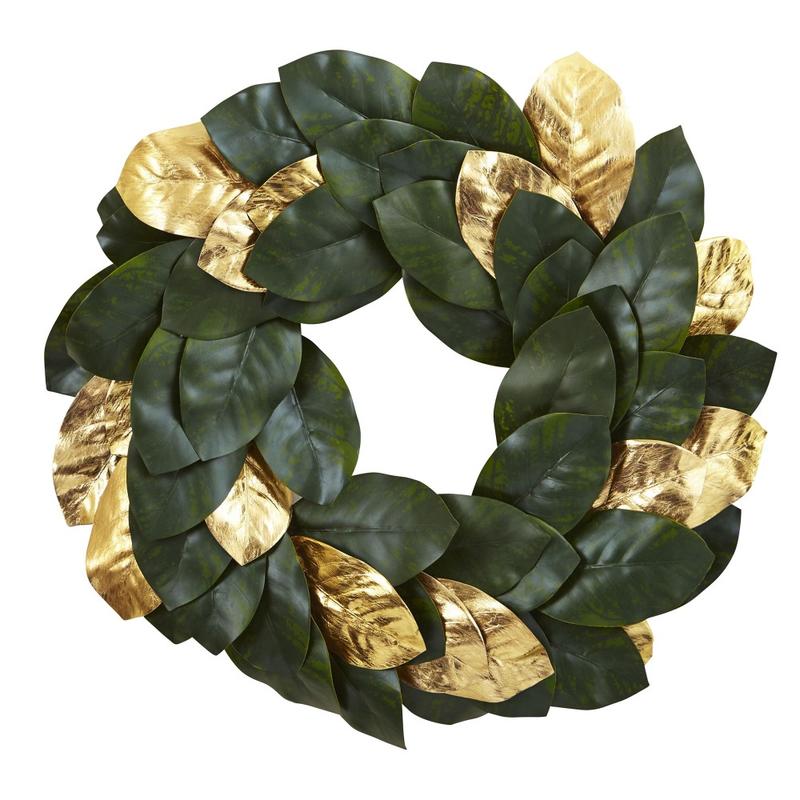 Nearly Natural Polyester Golden Leaf Magnolia Wreath, 22in, Gold/Green MPN:4873