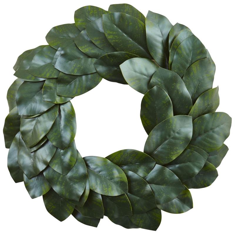 Nearly Natural Polyester Magnolia Leaf Wreath, 24in, Green MPN:4874