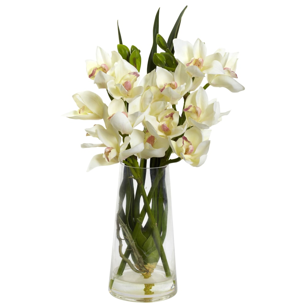 Nearly Natural Cymbidium Orchid 19inH Plastic Floral Arrangement With Vase, 19inH x 10inW x 7inD, White/Green MPN:4992