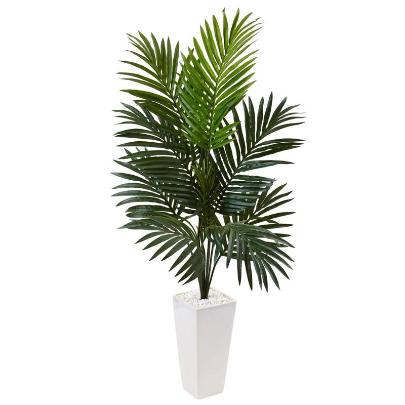 Nearly Natural 4-1/2ft Polyester Artificial Kentia Palm Tree with Tower Planter, Green/White MPN:5996