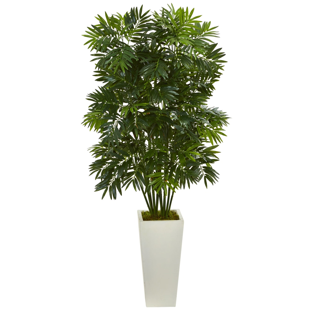 Nearly Natural Mini Bamboo Palm 49in Artificial Plant With Tower Planter, Green/White MPN:6363