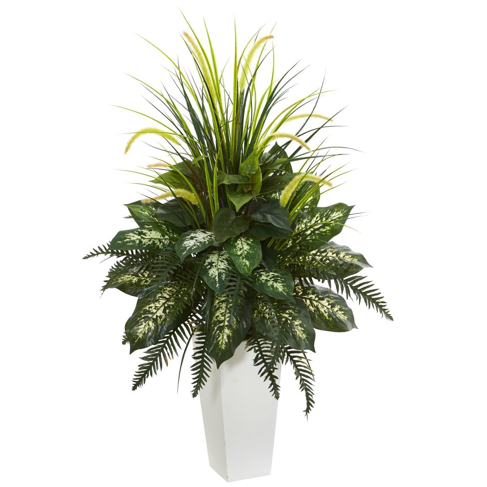 Nearly Natural Mixed River Fern And Dog Tail 48in Artificial Plant With Tower Planter, Green/White MPN:6382