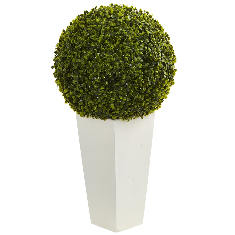 Nearly Natural Boxwood Topiary Ball 28inH Artificial Indoor/Outdoor Plant With Tower Planter, 28inH x 15inW x 15inW, Green/White MPN:6404