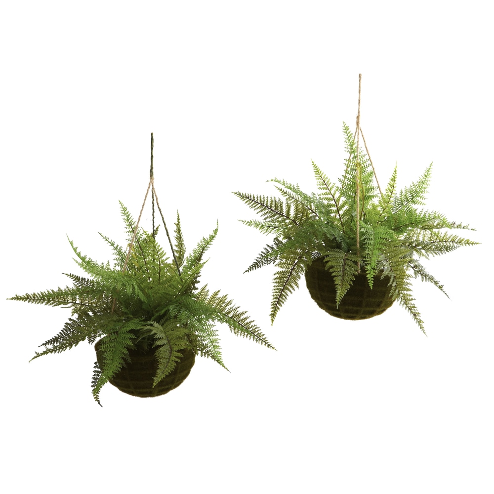 Nearly Natural Leather Fern 13inH Artificial Plants With Mossy Hanging Baskets, 13inH x 18inW x 18inD, Green, Set Of 2 MPN:6743-S2