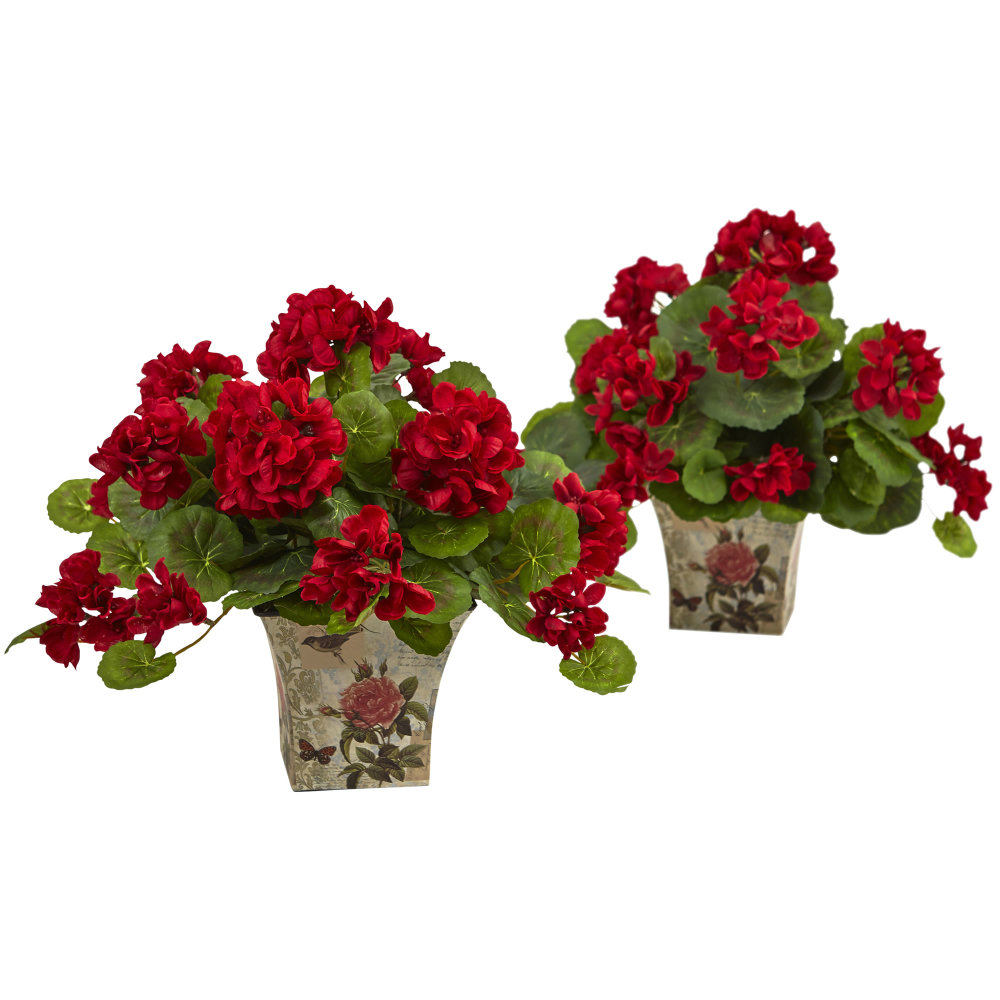 Nearly Natural 11inH Silk Geranium Flowering Plants With Floral Planters, 11inH x 13inW x 11inD, Set Of 2 Plants MPN:6832-S2