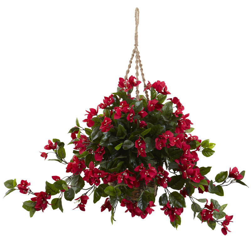 Nearly Natural 28inH Artificial Bougainvillea With Hanging Basket, Red/Brown MPN:6845-RD