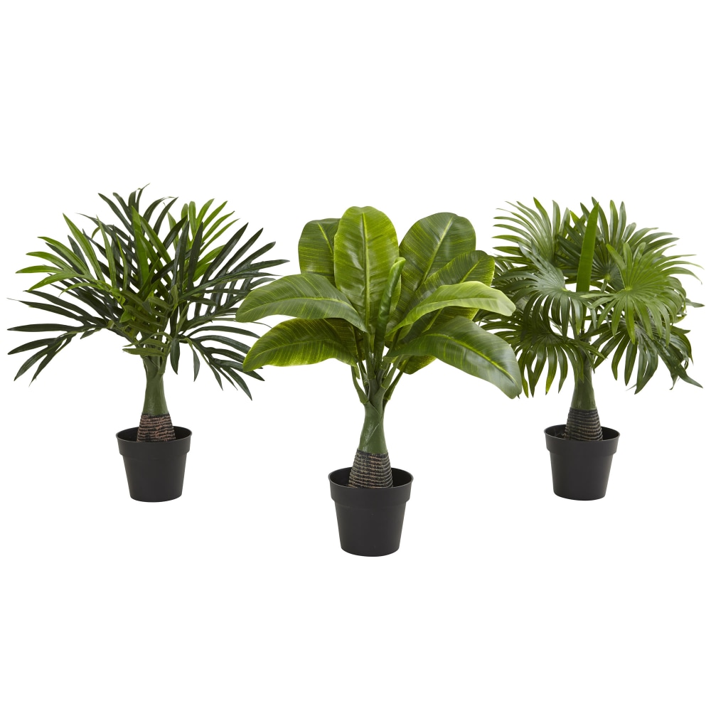 Nearly Natural Areca, Fountain & Banana Palm 16inH Artificial Trees With Pots, 16inH x 15inH x 15inD, Green, Set Of 3 MPN:6867-S3