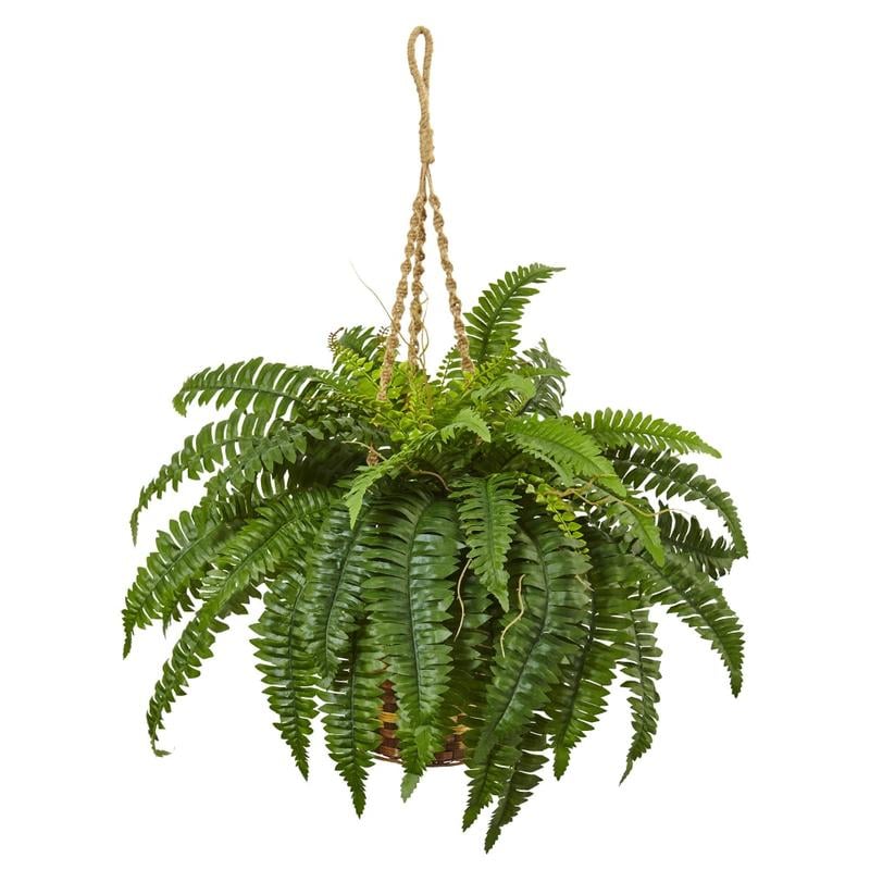 Nearly Natural 33inH Polyester Boston Fern With Hanging Basket, Green MPN:6930