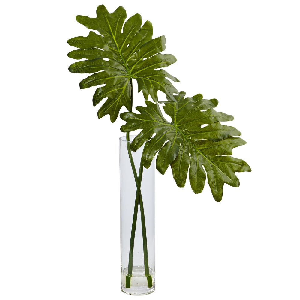 Nearly Natural Selloum 29inH Artificial Plant With Cylinder Glass Vase, 29inH x 27inW x 19-1/2inD, Green MPN:6944