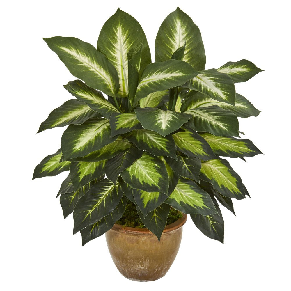 Nearly Natural 18inH Dieffenbachia Artificial Plant With Ceramic Planter, 18inH x 16inW x 16inD, Tan/Green MPN:8051